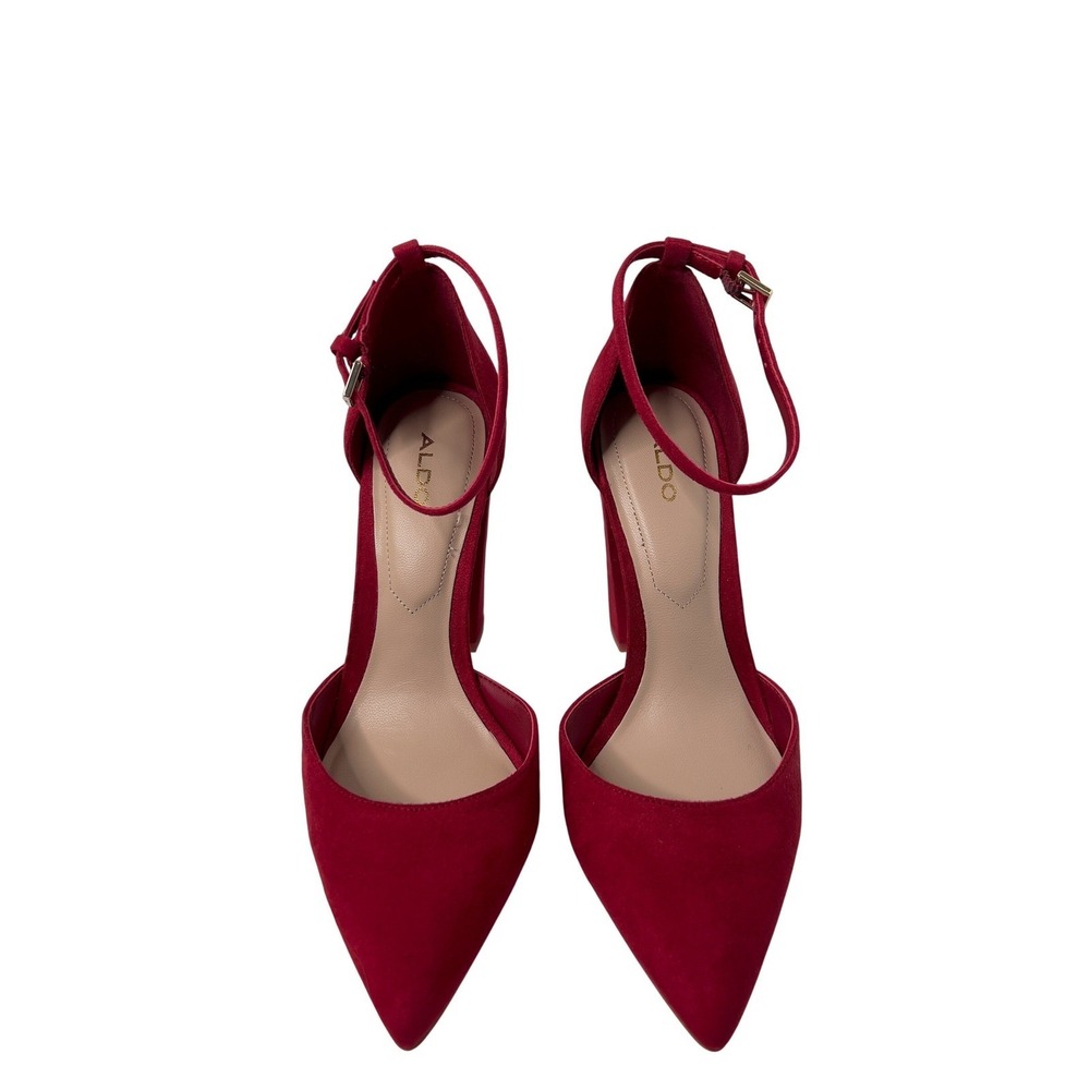 ALDO Women Red Suede Ankle Strap Block Heel Pointed Toe Pumps Size 6 - Picture 2 of 16